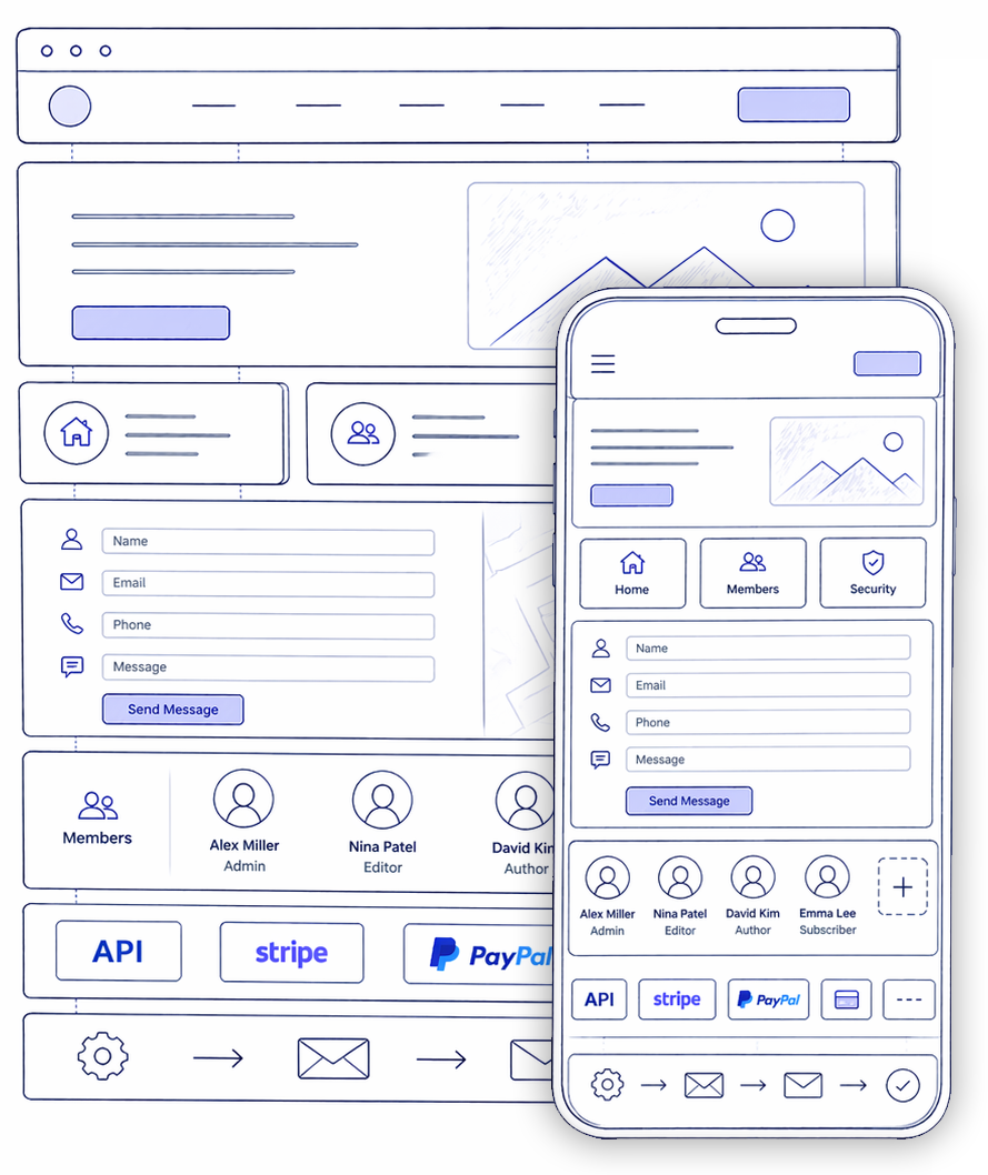 Illustration of responsive website and mobile app interfaces for business services.
