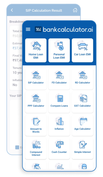 Mobile app screens from BankCalculator showing financial tools and results.